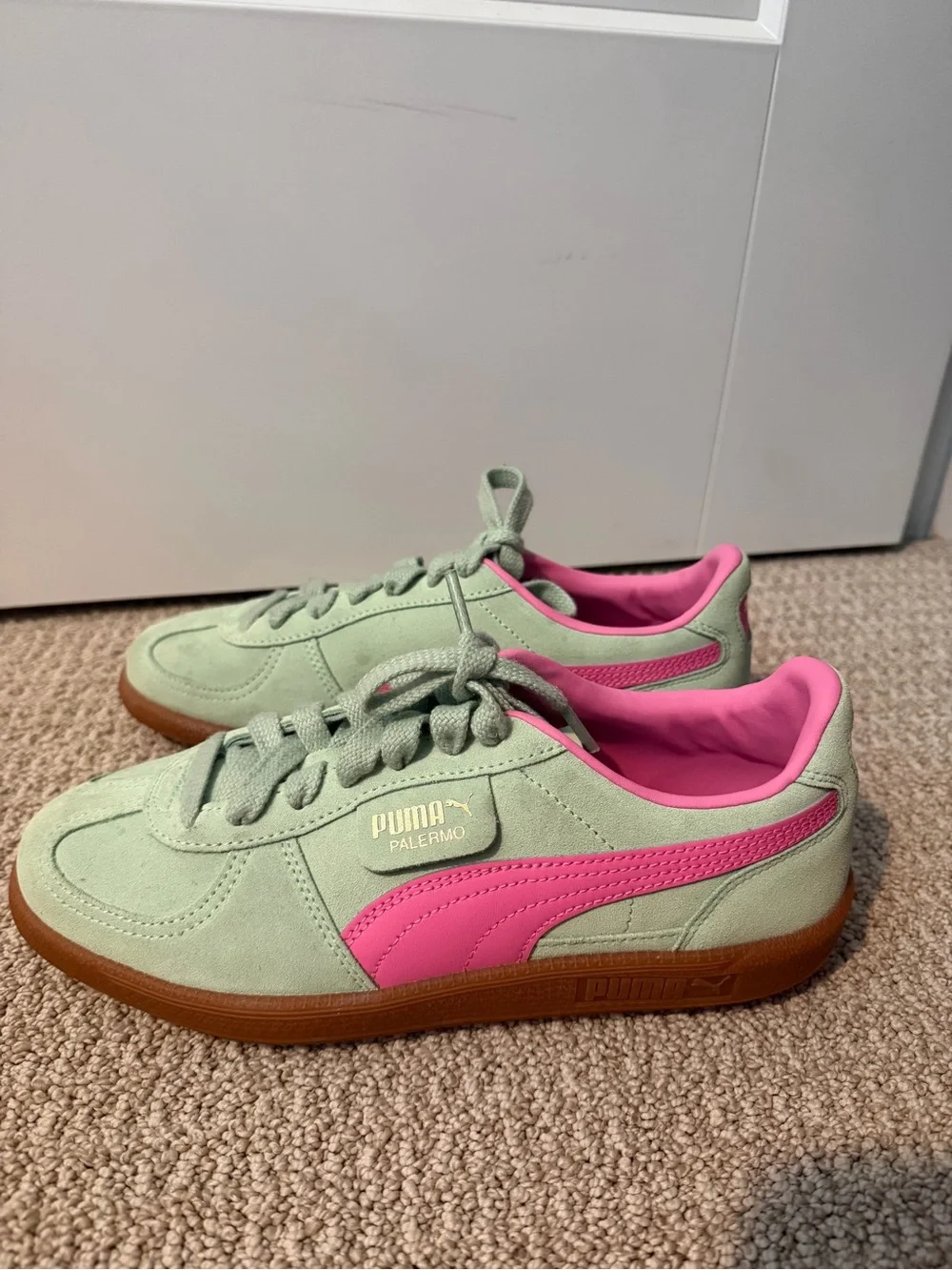 Puma Kids Palermo Suede Sneakers in Mint Green & Hot Pink